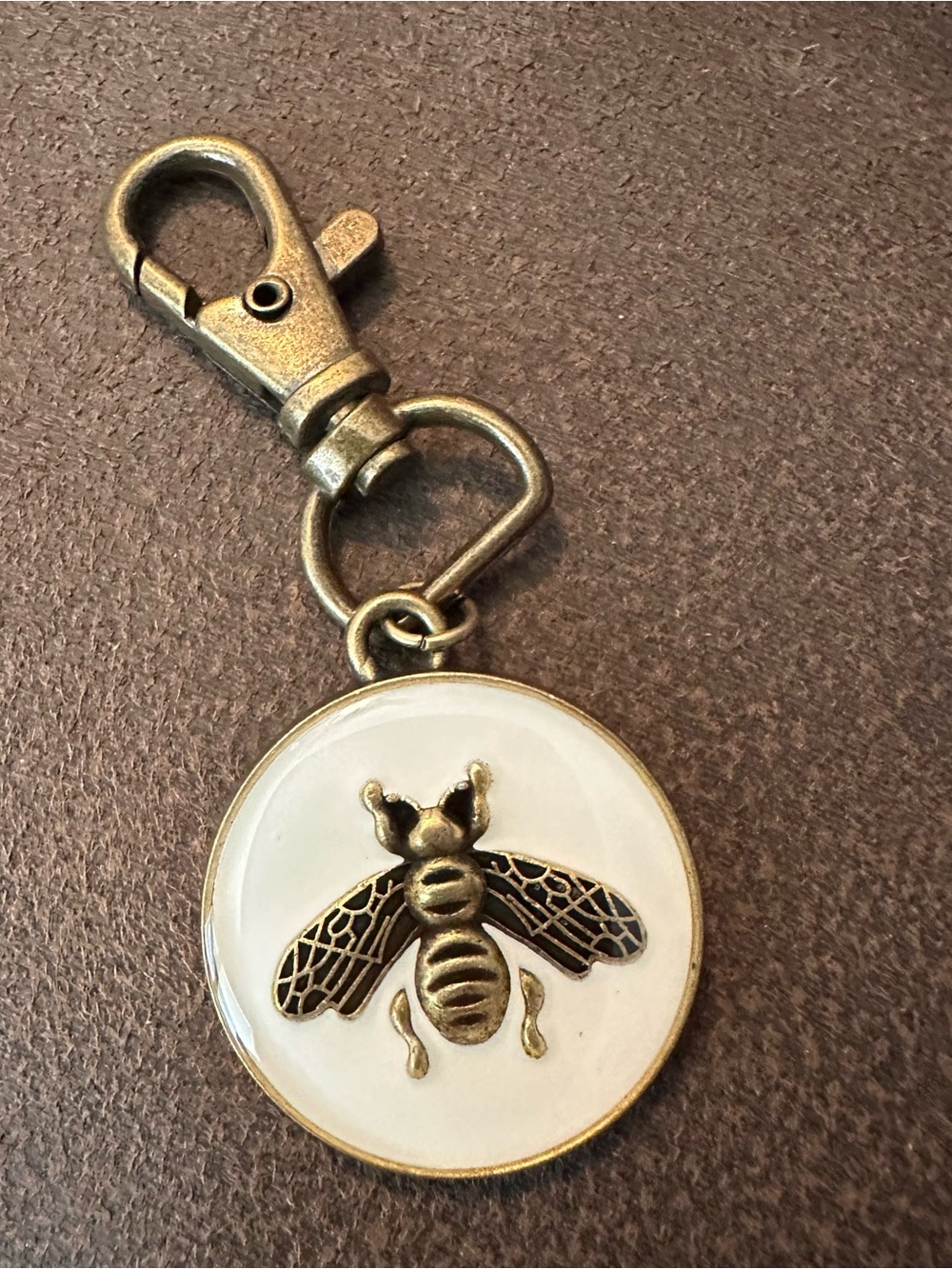Bee Brass Tone Round Keychain Charm